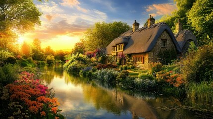 Leinwandbilder - Serene thatched cottage by a tranquil river surrounded by vibrant flowers during a golden sunset. Generative AI