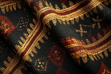 Aufkleber - Close-up of intricately woven fabric with geometric patterns in dark, gold, and red hues.
