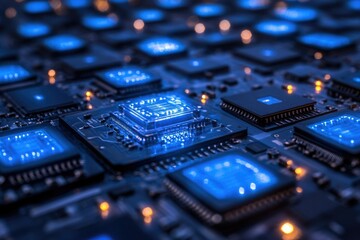 Leinwandbilder - Close-up of a circuit board with numerous microchips glowing blue, representing advanced technology and computing power.
