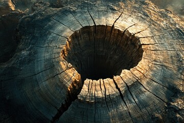 Aufkleber - A decaying tree stump reveals its hollow core, showcasing the intricate texture and patterns of aged wood.