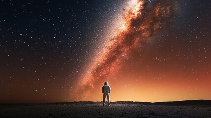 a person in an astronaut suit stands on the surface of mars, looking up at the starry night sky and 