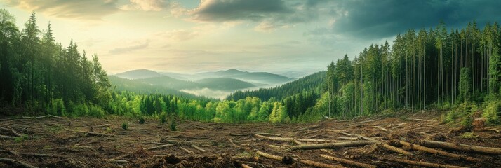 Poster - Contrasting deforested land and thriving forest highlights the importance of nature conservation efforts in preserving ecosystems. Generative AI