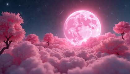 Wall Mural - Dreamy cosmic scenery with pink planet in pink clouds, trees. Fantasy pink doll universe in outer space. Beautiful dreamscape with milky way stars, magenta magic. Trendy imagination, concept art.