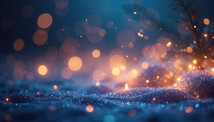 Poster - Shimmering holiday illustration with blue, gold bokeh lights, glitter. Decorative festive blurred background with sparkling texture. Shines, glows with magic, perfect for winter holiday season