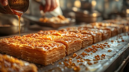 Wall Mural - Baklava being freshly prepared by a team of miniature bakers. While others use tiny spoons, one chef painstakingly drizzles golden syrup over layers of crispy phyllo dough while standing on a small pl