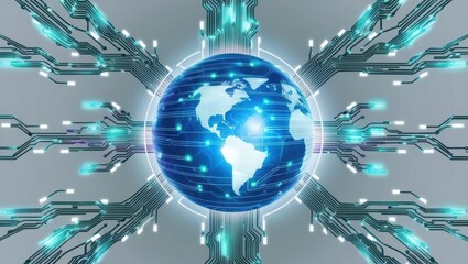 Poster - globe surrounded by complex circuitry depicting the interconnectedness of the digital world today