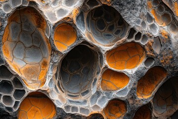 Poster - Intricate rock formation with honeycomb-like structures and vibrant orange and gray hues.