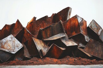 Poster - A rusty metallic sculpture, resembling a mountain range, composed of sharp, angular, geometric shapes.