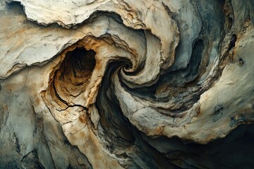 Leinwandbilder - Swirling, layered rock formation with a central cavity, showcasing natural erosion and geological processes.