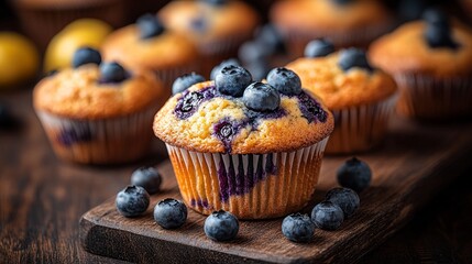 Wall Mural - A rustic wooden table with a variety of freshly cooked muffins, with a focus on a traditional blueberry muffin that is golden-brown and has blueberries bursting through. Muffins surrounded by lemon po