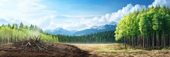 Poster - Contrast between deforested land and thriving green forest emphasizes need for nature conservation and environmental protection. Generative AI
