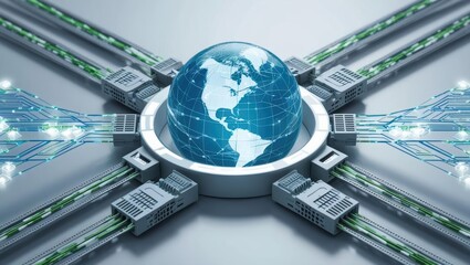 Poster - Globe surrounded by multiple servers in a high-tech environment emphasizing network connectivity