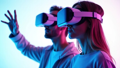 Poster - Couple in VR headsets explores virtual reality world. Man raises hand, woman looks forward. Metaverse avatars in neon futuristic simulation. Immersive experience, interactive technology. Tech, gaming