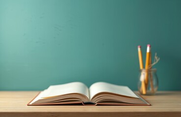Open book with blank pages and yellow pencils on wooden desk against teal wall. Photo presents education, learning, school themes. Empty page, text copy space for design concept.
