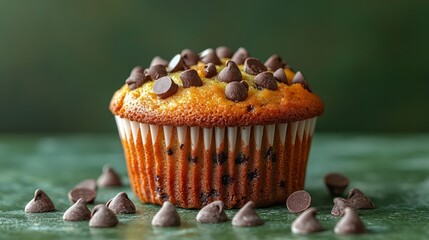 Wall Mural - Three chocolate chips encircle a chocolate chip muffin on a vivid green background. Product photography, studio lighting, and front view 