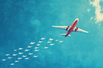 Aufkleber - Red and white airplane leads paper plane formation in bright blue sky. Generative AI