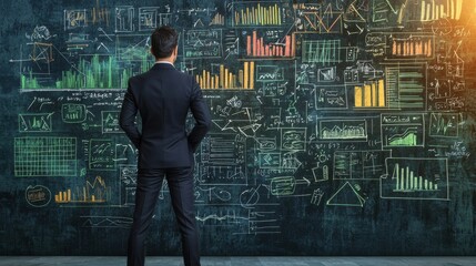 Poster - Businessman in suit standing in front of chalkboard with various financial charts graphs and data visualizations analyzing information and making strategic decisions for business growth and success