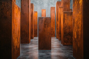 Poster - Rusty metallic pillars stand in a concrete room, creating a captivating and somber atmosphere.