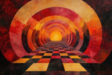 Poster - Abstract art depicting a checkered floor leading to a radiant, tunnel-like passage.