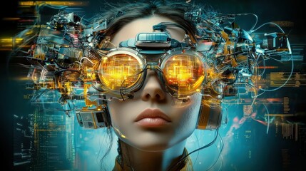 Poster - Striking image of a woman wearing futuristic augmented reality glasses surrounded by a vibrant holographic digital interface