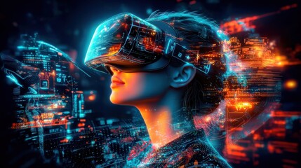 Poster - A person s face seen through an advanced augmented reality or virtual reality headset surrounded by a futuristic digital landscape with glowing shapes data visualizations and technological elements