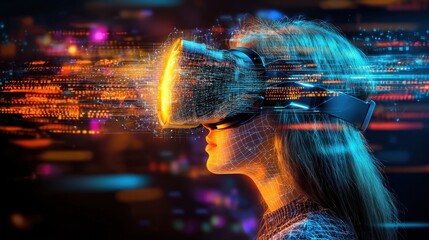 Poster - Futuristic Virtual Reality Immersive Digital Experience with Glowing Geometric Hologram Visualization  Modern technology data information and communication concepts of the future