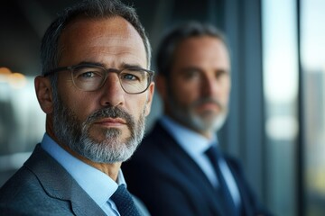 Poster - Confident businessman with graying hair and glasses, another man in the background.