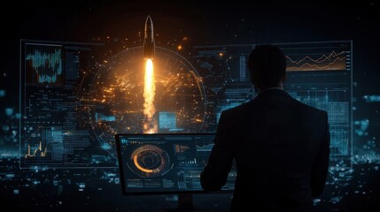 Poster - A silhouetted businessman stands in the foreground gazing out over a futuristic cityscape illuminated by the glow of skyscrapers and towers  In the distance a rocket is launching into the night sky