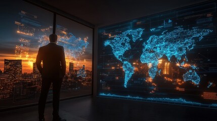 Poster - Futuristic global connectivity and data driven analytics visualized in an abstract cityscape sunset  The image represents the intersection of technology innovation and international business strategy