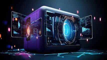 Poster - futuristic holographic control interface with glowing neon displays energy projections and complex d