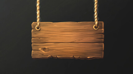Wood sign board vector. Farm signboard banner for game frame and fence element. Rustic panel on rope isolated design. Ui piece of blank header placard hang on string template. Cute infographic icon