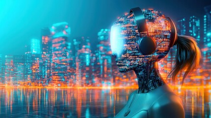 Poster - Glowing Futuristic Cityscape with Neon Lit Skyscrapers and Surreal Urban Landscape at Night  Digital of a futuristic metropolis with illuminated architecture glowing reflections and a moody
