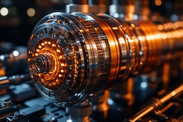 Poster - Intricate machinery component under warm lighting showcasing advanced engineering in a high-tech environment