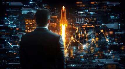 Poster - futuristic launch of an innovative rocket technology soaring into the digital future powering new bu