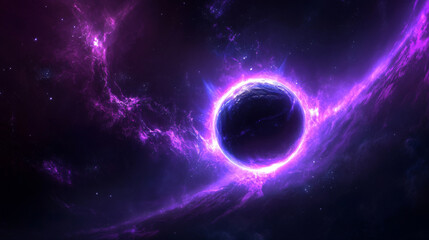 Wall Mural - Purple space solar eclipse light glow in galaxy vector. Neon universe planet flare and ray abstract outer world ring. Cosmic sunrise shine with blue sparkle. Isolated halo edge on black background