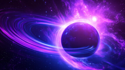 Wall Mural - Purple space solar eclipse light glow in galaxy vector. Neon universe planet flare and ray abstract outer world ring. Cosmic sunrise shine with blue sparkle. Isolated halo edge on black background