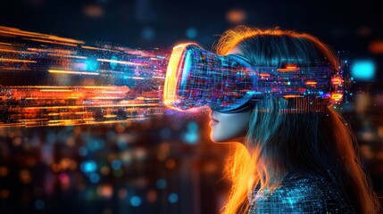 Poster - A woman wearing a virtual reality headset engrossed in an immersive futuristic digital experience with vibrant neon colored visuals and motion blur effects
