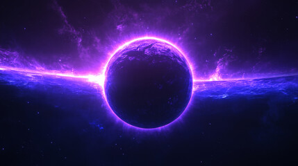 Wall Mural - Purple space solar eclipse light glow in galaxy vector. Neon universe planet flare and ray abstract outer world ring. Cosmic sunrise shine with blue sparkle. Isolated halo edge on black background