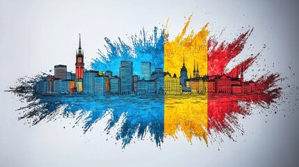 Poster - vibrant and colorful cityscape with abstract splash effect modern urban skyline with high rise build