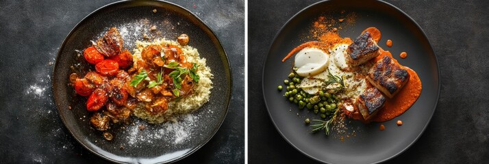 Poster - Delicious gourmet dishes served on elegant plates with vibrant colors and fresh ingredients highlighted. Generative AI