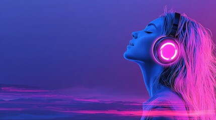 Poster - Portrait of a woman with headphones immersed in the captivating glow of neon pink and blue lights creating a surreal and emotive atmosphere