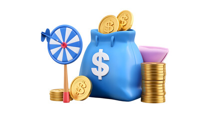 Poster - Glossy Blue Money Bag with Gold Coins and Bullseye Dart Symbolizing Financial Success and Strategic Investment for Fintech Banking and Investment Visuals