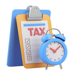 Poster - A professional 3D rendered tax management featuring a well designed blue and yellow clipboard with a  TAX  document and a marked checklist  Next to it