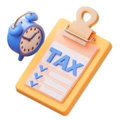 Aufkleber - A 3D rendered tax deadline reminder concept displaying a blue and yellow clipboard with a  TAX  document and a checklist with completed checkmarks