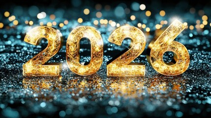 Poster - 2026 New Year Golden Glittering Countdown Numbers Shiny Sparkling Metallic Digits on Elegant Dark Background with Festive Copy Space for Event Holiday Anniversary or Millennial Concept