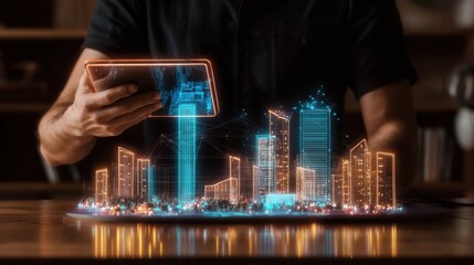 Poster - Futuristic holographic projection of a modern technologically advanced cityscape showcasing innovative urban design smart infrastructure and sustainable development for the city of the future