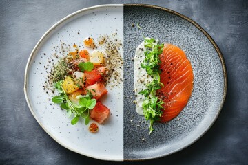 Poster - Colorful gourmet dish featuring fresh vegetables and salmon served on elegant plates. Generative AI