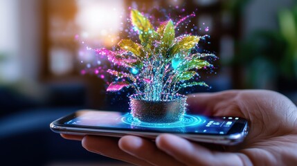 Poster - Enchanting holographic floral projection displayed on a smartphone screen creating a captivating and futuristic visual experience  The digitally created image showcases a vibrant colorful