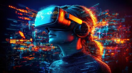 Poster - Immersive virtual reality experience in a futuristic digital landscape with neon lights holographic elements and a sense of boundless potential and technological innovation