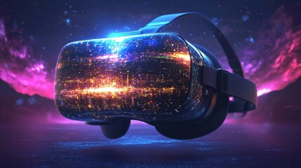 Poster - Immersive Futuristic Virtual Reality Headset Floating in a Vibrant Cosmic Atmosphere with Glowing Energy Nebulae and a Sense of and Discovery